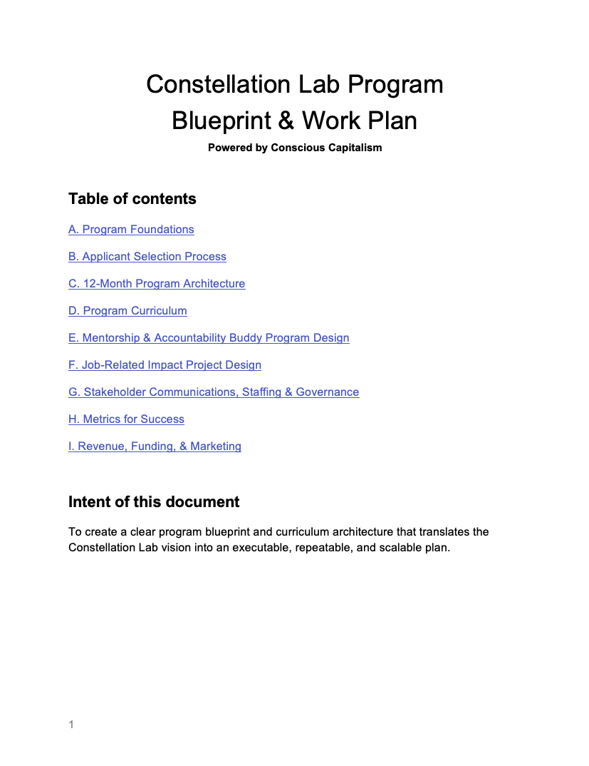Constellation Lab Program Blueprint table of contents